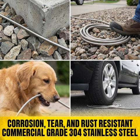 50 ft braided stainless steel garden hose, coiled on rocks and near a car; dog biting hose.