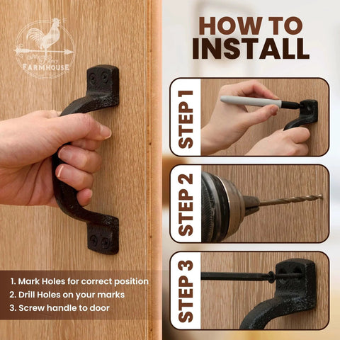 Installation guide for Heavy Duty Black Cast Iron Barn Door Handles 2 Pack For Shed And Garage Doors Includes Hardware And Pre Drilled Holes 6 1 4 Inches