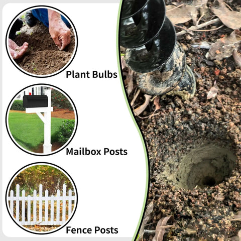32 Inch Long Handle Garden Auger Drill Bit For Planting Workhorse With Three Eighth Inch Hex Drive Easy Planter shown in use for planting bulbs and digging post holes
