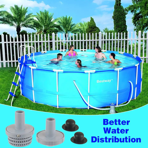 Family enjoying an above ground pool featuring Pool Inlet Strainer Water Jet Connector Kit for Intex pools with 1.25 inch fittings.
