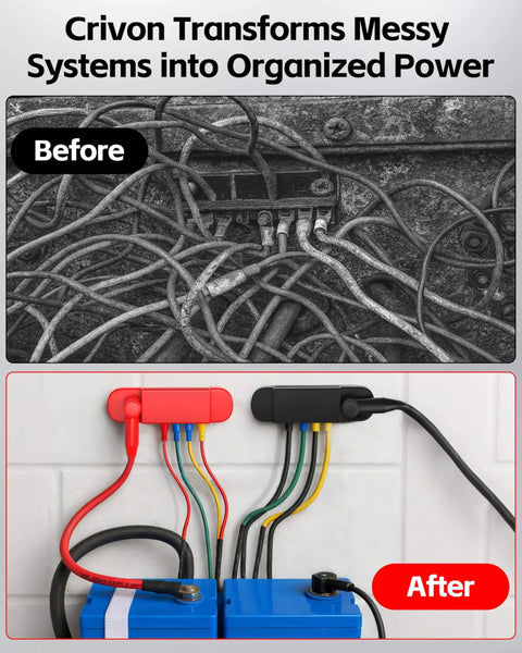 Before and after of electrical wiring with organized wiring system on right using Beefy 150 Amp 12V Marine Bus Bar Power Distribution Block With Cover For Heavy Duty DC Wiring Ground Terminal Block 3mm Tinned Copper Bus Bars And One Quarter Inch Studs Includes Mounting Screws on right.