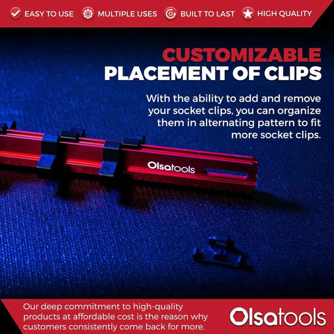 Three Eighths Inch Drive Aluminum Socket Organizer With Locking End Caps Beefy Ball Bearing Clips Pro Grade Heavy Duty Socket Holder Rack Durable Red Storage Tray For Mechanics Keeps Sockets Handy And Organized Part 1171 shown on blue background with customizable clip placement
