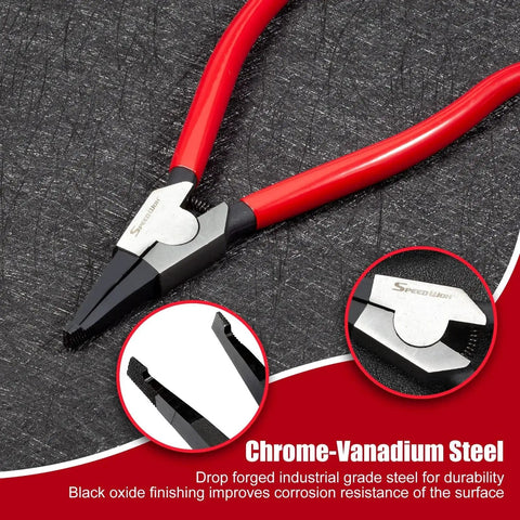 8 Inch Lock Ring Pliers with Special Angle Tips, red Plastisol grips, for installing and removing circlips, gearshift locking rings.