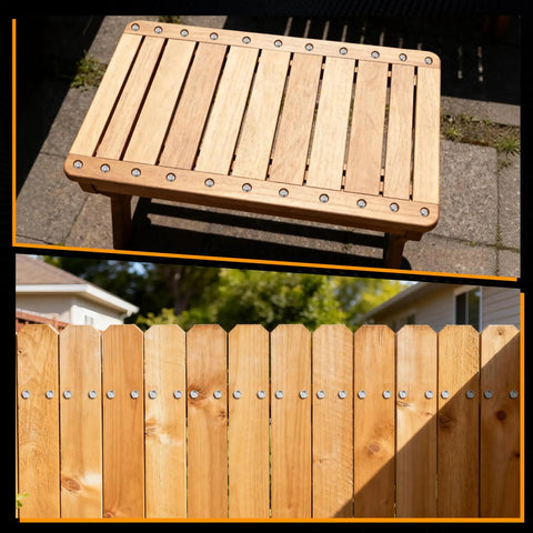 Wooden deck table and fence fastened with 3/8" x 1-1/2" hex head lag screws and flat washers, showcasing 12 Pack Three Eighths Inch By One And A Half Inch Hex Head Lag Screws For Wood In 304 Stainless Steel With Flat Washers For Indoor Outdoor Decks Fences And Structural Connections Great For Do It Yourself Projects Xpokcai