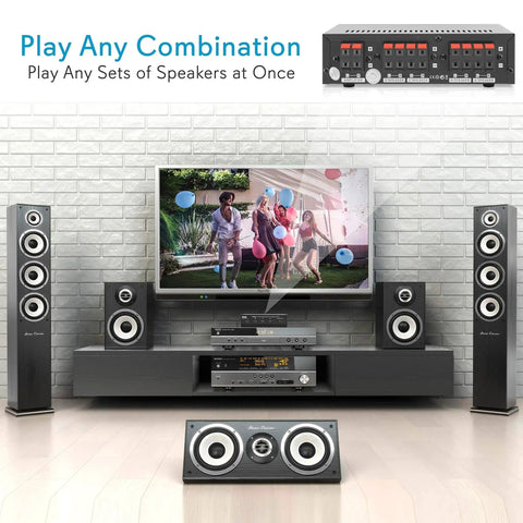 Home theater setup with a Four Zone Speaker Switch Box for Multi Channel Stereo System A B C D Selector Hub, supports four speaker pairs.