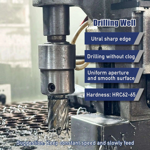 Close-up of a six piece annular cutter set with one inch cutting depth for magnetic drill press no frills value packed diameters from one half inch to one and one sixteenth inch M2 HSS bits includes two pilot pins and one hex wrench for steel aluminum copper in use.