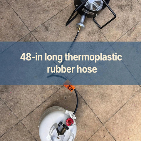48-inch thermoplastic hose connected to LPG tank, part of 0-40 Psi Adjustable LPG Regulator With 48 Inch Thermoplastic Hose And Soft Nosed POL.