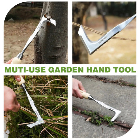 Crack Weeder 12 Inch Stainless Steel Crevice Tool With Ash Wood Handle L Shaped Sidewalk Weed Puller Spatula in use outdoors