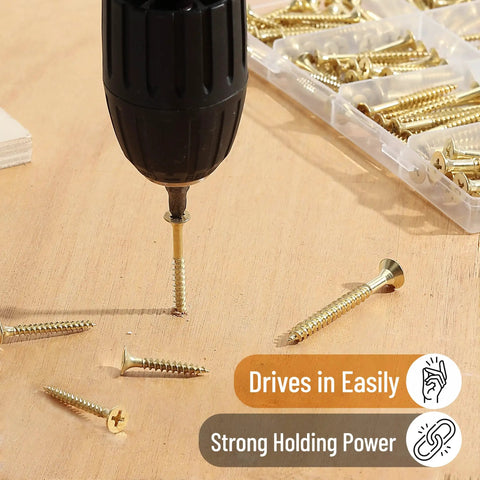 Gold Galvanized Wood Screws Set With Phillips Drive, 152-Piece Assortment For DIY Projects, screws being drilled into wood