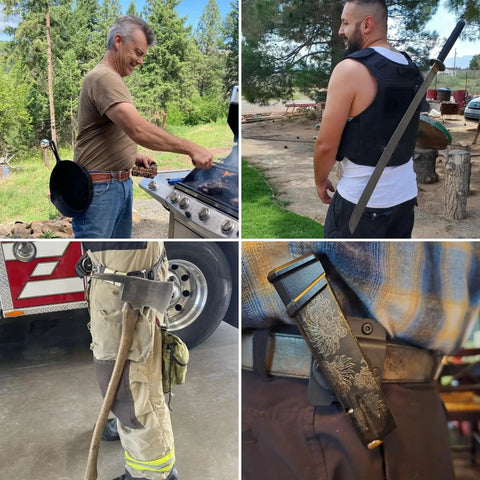People wearing various belt holsters in different scenarios outdoors, focusing on practical applications of belt clip features.