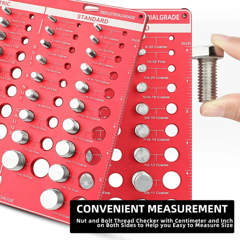 Pro Grade Nut And Bolt Thread Checker Gauge Kit With 42 Size Guide for Fasteners, showing red board with bolt examples