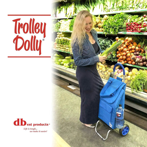 Woman shopping with Foldable Trolley Dolly Shopping Cart with blue bag, heavy-duty wheels, in a grocery aisle full of vegetables.