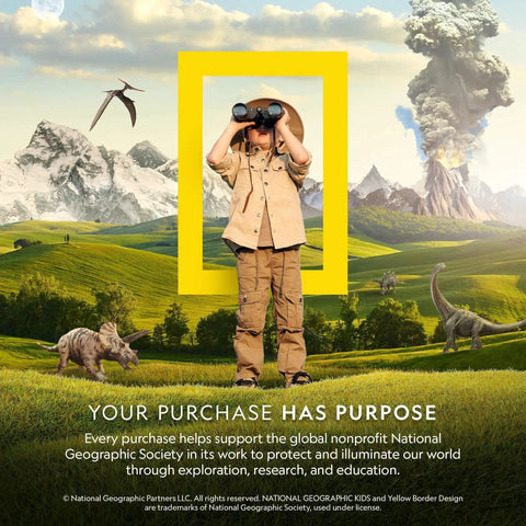 Person in explorer outfit using binoculars, standing on grass with dinosaurs and mountains in the background.