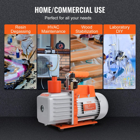 VEVOR 7 CFM dual-stage HVAC vacuum pump, 1/2 HP rotary vane with orange-silver housing and oil bottle.
