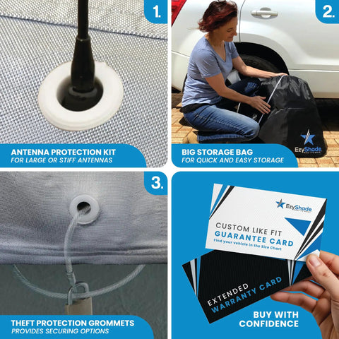 Features of All Weather 10 Layer Car Cover for SUVs and Sedans, including antenna kit, storage bag, grommets, and warranty card.