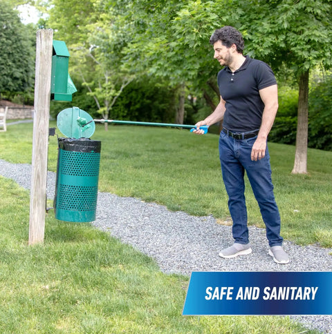 Man using 36 Inch Nifty Nabber Reacher Grabber Tool For Easy Yard Cleanup And Trash Pickup With Built In Magnet And Ergonomic Grip Outdoor Claw