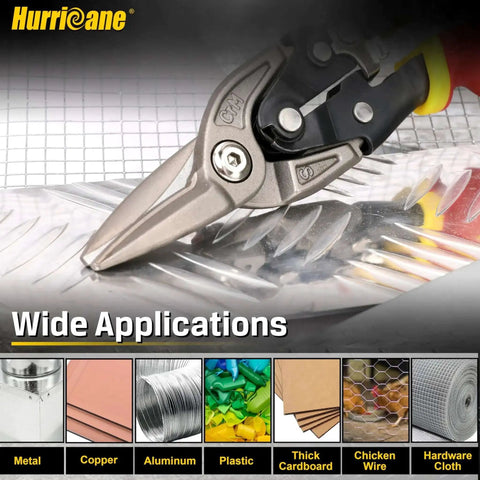 10 Inch Aviation Snips With Safety Lock And CR-MO Blades cutting metal sheet, showcasing wide applications for HVAC and DIY projects.