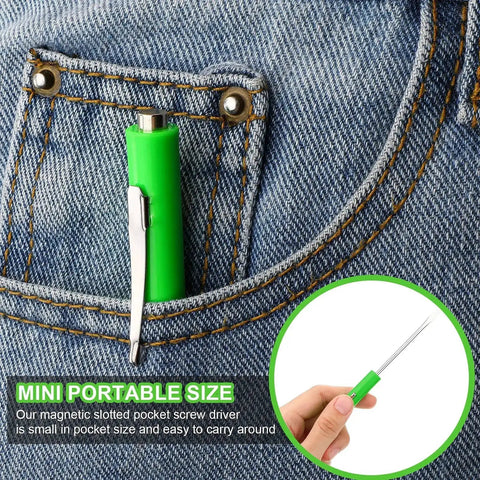 10-Piece Pocket Screwdriver Set With Magnetic Clips, compact green screwdriver in pocket, ideal for home and electrical work