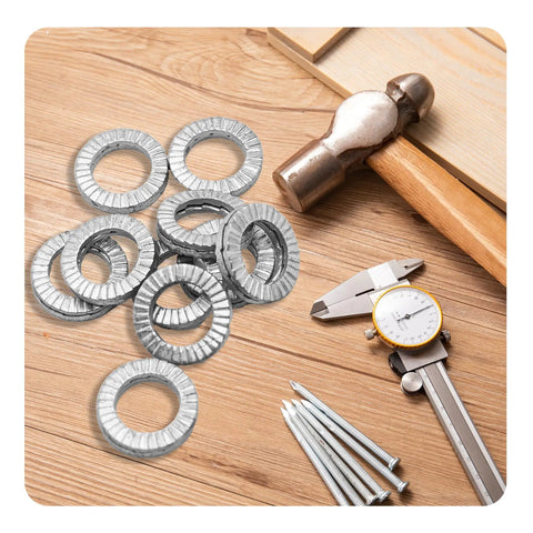 Runseaway 50-piece M8 wedge lock washers, manganese steel, vibration-proof set shown on wood with a hammer and calipers