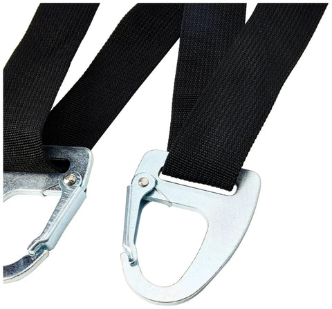 Shoulder dolly heavy-duty straps for two-person lifting; black nylon webbing with silver hooks; close-up hardware