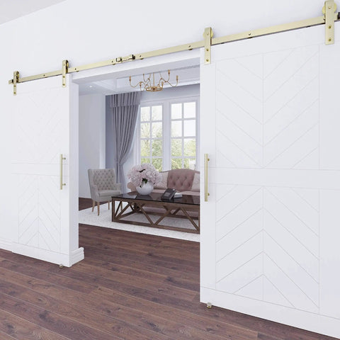 Interior Sliding Barn Door Hardware Madison Pull 12 Inch Brushed Gold Finish for wood interior doors installed in living room