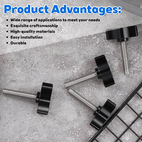 4 Pcs 1/4-20 x 1-1/4 Inch Thumb Screws with Black Wing Knob, Stainless Steel Thread and Aluminum Knob Displayed on Concrete Surface
