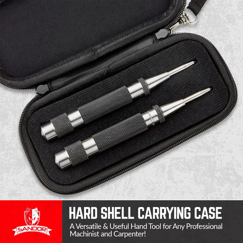 Heavy Duty Automatic Center Punch Set 2 Pack With Hardened Steel Spring Loaded Mechanism Adjustable Knurled Cap And Hard Shell Carry Case For Machinists And Carpenters Working In Wood Metal Aluminum Brass Copper in opened case