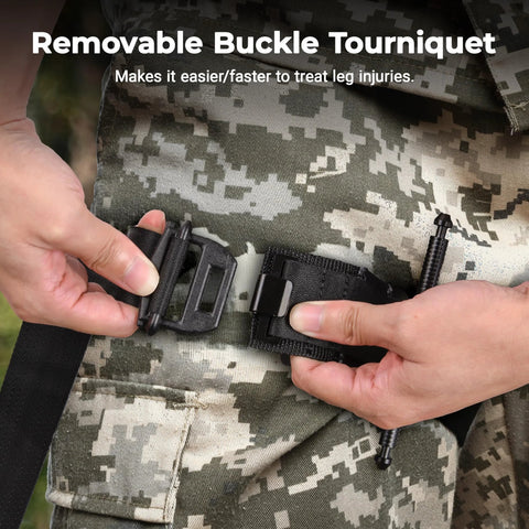 Hands demonstrating tourniquet use, part of the Trauma First Aid Kit With Tourniquet And 4 Inch Israeli Bandage, durable Molle bag black.