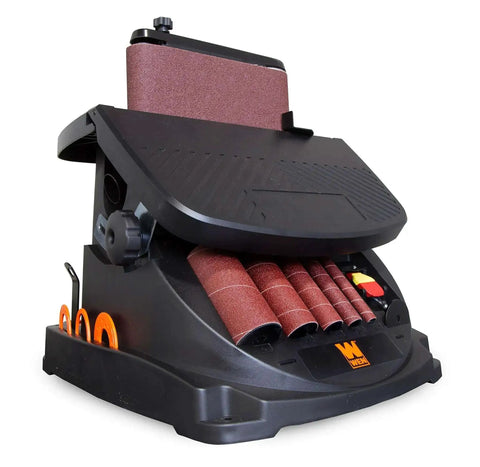 Powerful Heavy Duty Oscillating Belt And Spindle Sander With Four By Twenty Four Inch Belt And Drums From One Half To Two Inches Three And A Half Amp Motor Belt Speed Up To Fifteen Hundred Seventy Five Feet Per Minute Spindle Up To Two Thousand RPM shown with sanding attachments