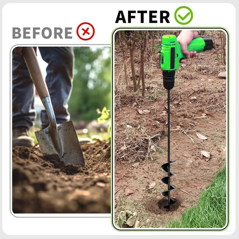 Comparison of manual digging with shovel vs 32 Inch Long Handle Garden Auger Drill Bit For Planting Workhorse with electric drill