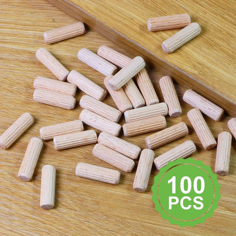 Five Sixteenths Inch By One Inch Wooden Dowel Pins, Natural Beech Wood Fluted Rods For Crafts And Woodworking, 100 Pieces displayed.