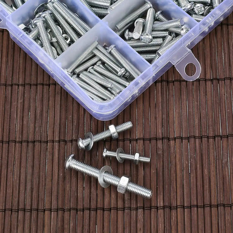 720 Piece Nuts And Bolts Kit With Carbon Steel M3 M4 M5 Screws Nuts And Washers in a storage case on wooden surface