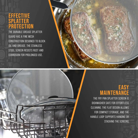 Four Piece Stainless Steel Splatter Guard Set With Fine Mesh Keeps Grease From Splashing All Over Your Stove, shown in use and in dishwasher