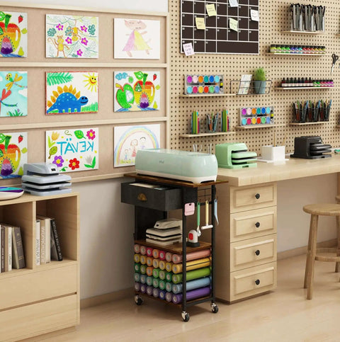 Mobile Craft Cart Organizer With Wheels For Cutting Tools Machines Vinyl Rolls And Heat Press Stand in a craft room