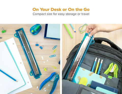 3 Hole Punch For Ring Binders With Integrated Ruler And Five Sheet Capacity, showing compact design on desk and in backpack.