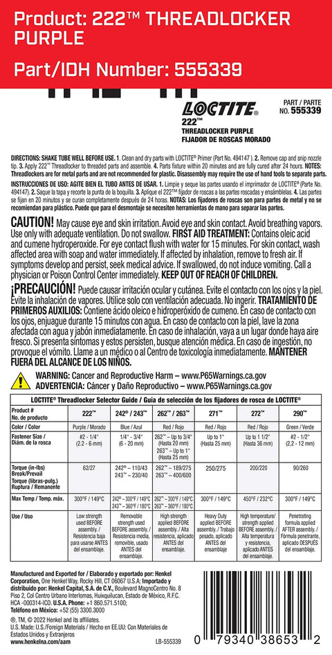 Back label of Purple Low Strength Thread Locker Tube 6 Ml Ideal For Small Fasteners Under One Quarter Inch with instructions and warnings.