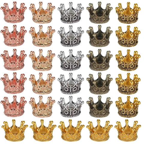 30 Pieces Mini Crown Charms Set For Crafters Mixed Color Vintage 3D Alloy King Crowns Beads Large Hole Spacer Beads displayed