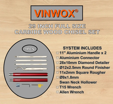 VINWOX Carbide Wood Lathe Tool Set for Pen Turning with Swan Neck Hollower Rougher Finisher and Detailer Aluminum Handles 14 to 29 Inches Fine Polished Stainless Shank Rotatable Tips No Sharpening Needed