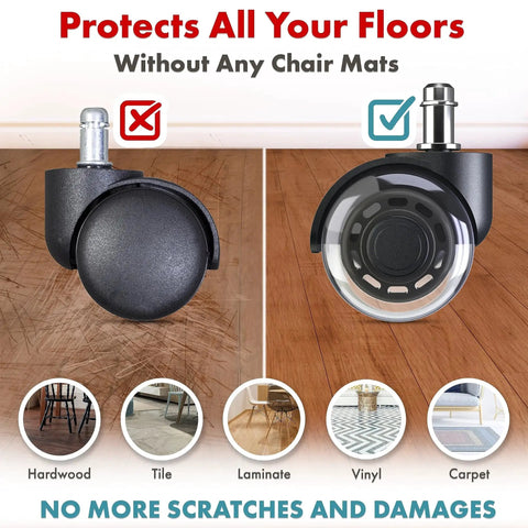 Soft Chair Wheels Replacement Set Of 5 For Hardwood, Vinyl And Tile Floors Dual 2 Inch Casters With Floor Comparison