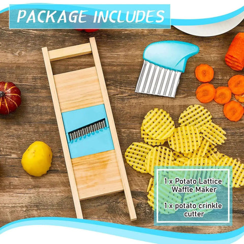 Make Waffle Fries And Crinkle Cut Potatoes With This 2 Piece Stainless Steel Cutter Set Blue For Home Kitchen Includes Potatoes Slicer And Carrot Chip Maker A Versatile Wave Style Kitchen Tool showing waffle and crinkle cutters with sliced potatoes.