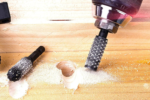 Pro Grade 10-Piece Rotary Burr Wood Carving Rasp Files Set With One Quarter Inch Hex Shank in use on wood surface