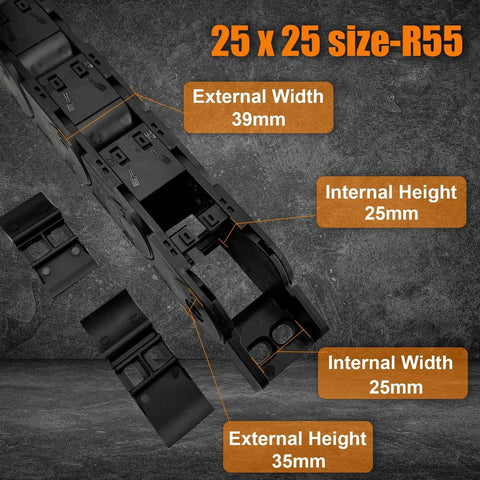 25 By 25 Mm Inner Height By Width R55 Enclosed Drag Chain Cable Carrier Track Wire Protection Chain Connector, sizes labeled