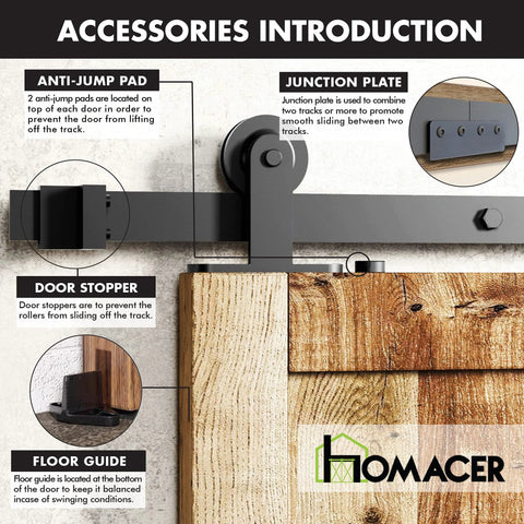Accessories for Black Rustic Non Bypass Sliding Barn Door Hardware Kit For One Door Six Foot Flat Track T Style Rollers.