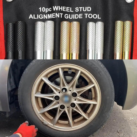10 Piece Wheel Alignment Pin Set Heavy Duty Steel Alloy Wheel Hanger Guide Tool For Pros Universal Fit on display and in use on vehicle wheel