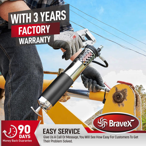 Bravex heavy-duty pistol-grip grease gun with 18-inch flexible hose, chrome body and black grip, in use on machinery