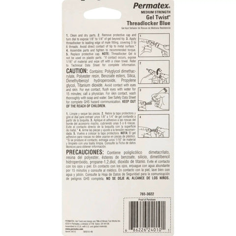 Back of packaging for Blue Gel Threadlocker, Medium Strength All Purpose Lock And Seal For Bolts And Screws, Twist Applicator, 6 Pack