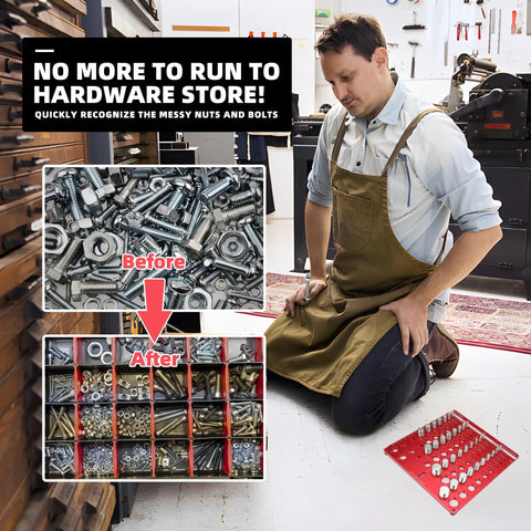 42 Pro Grade Thread Checker Bolt Gauge With 19 Standard And 15 Metric Sizes, shown in use alongside organized nuts and bolts.