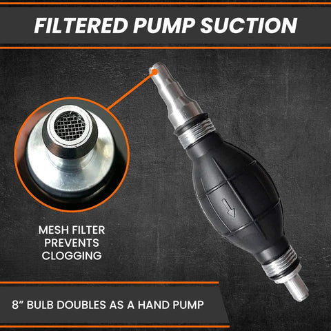 Portable Hand Fuel Transfer Pump Siphons Gasoline And Diesel Fast Up To Three Point Five Gallons Per Minute With Nine Foot Hose Brass Tip Weight And Pinch Clip, showing mesh filter and black bulb hand pump.