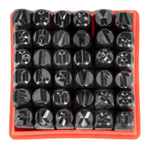 Top view of the Number And Letter Punch Set With Heat Treated Steel Punches For Imprinting And Arts And Crafts For Hobbyists One Quarter Inch Shaft 36 Piece Stamp Kit For Beginners