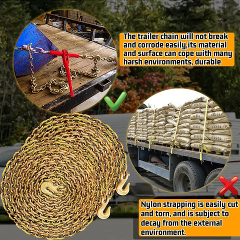 G80 Tow Chain One Quarter Inch By Twenty Foot Log Chain With G70 Clevis Grab Hooks shown towing and binding trailers